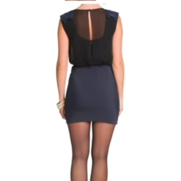 Tibi Size 4 Navy Sleeveless Origami Shoulder Mini Silk Combo Cocktail Dress - Picture 2 of 7